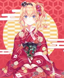 Rule 34 | 1girl, absurdres, bad id, bad pixiv id, blonde hair, blush, crown, floral print, hair ornament, hair up, hairband, hands on lap, highres, japanese clothes, kantai collection, kimono, long hair, long sleeves, mini crown, multicolored eyes, obi, ponytail, red background, sa-ya2, sash, side ponytail, sidelocks, smile, solo, warspite (kancolle), wide sleeves
