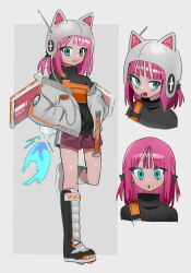 Rule 34 | 1girl, :o, absurdres, animal ears helmet, black footwear, black sweater, blue eyes, boots, commentary, english commentary, expressions, fanny pack, grey background, grey footwear, grey headwear, grey jacket, hands in pockets, highres, hyow, jacket, jetpack, looking at viewer, multiple views, open mouth, orange bag, original, pink hair, purple shorts, shorts, simple background, sweater, turtleneck, turtleneck sweater, two-tone footwear, white background