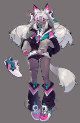 Rule 34 | &gt;:(, 1girl, absurdres, animal ear fluff, animal ears, black jacket, black shorts, body fur, brown background, brown fur, crossed bangs, fang, fox ears, fox girl, fox tail, full body, furry, furry female, grey sweater, highres, jacket, knees apart feet together, leg warmers, looking at viewer, ofuda, ofuda on head, open mouth, original, personification, pink eyes, pink footwear, shiiorina, shoes, short shorts, shorts, sidelocks, sideways mouth, simple background, sleeves past fingers, sleeves past wrists, solo, standing, sweater, tail, tsurime, turtleneck, turtleneck sweater, twintails, v-shaped eyebrows, white hair