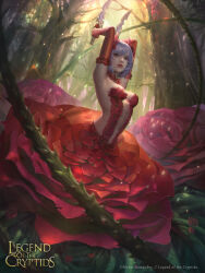 Rule 34 | 1girl, absurdres, dagger, dress, flower, forest, green eyes, hair flower, hair ornament, highres, holding, holding dagger, holding knife, holding weapon, knife, legend of the cryptids, nature, outdoors, plant, purple hair, red flower, red rose, rose, vines, wan1, watermark, weapon