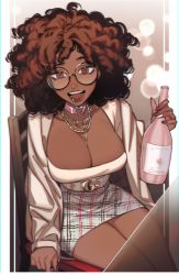Rule 34 | 1girl, absurdres, afro, alcohol, belt, between breasts, big hair, black-framed eyewear, bottle, breasts, brown eyes, brown hair, cardigan, choker, cleavage, commentary, dark-skinned female, dark skin, english commentary, glasses, gucci, heart, heart choker, highres, holding, holding bottle, jewelry, large breasts, legs together, lip piercing, looking at viewer, maplekeurig, medium hair, miniskirt, narrow waist, necklace, open cardigan, open clothes, open mouth, original, piercing, plaid, plaid skirt, round eyewear, sitting, skirt, solo, very dark skin