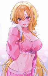 Rule 34 | 1girl, absurdres, arm at side, bare shoulders, blonde hair, blush, breasts, cleavage, collarbone, commentary request, crop top, eyes visible through hair, hair between eyes, hand up, highres, idolmaster, idolmaster cinderella girls, kurosaki chitose, large breasts, long hair, long sleeves, looking at viewer, navel, nekoyashiki pushio, open mouth, pink eyes, pink shirt, redrawn, shirt, sleeves past wrists, smile, solo, stomach, sweat, upper body, very long hair