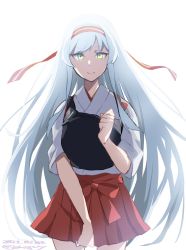 Rule 34 | 1girl, commentary request, cowboy shot, hakama, hakama short skirt, hakama skirt, headband, highres, japanese clothes, johssnny, kantai collection, long hair, looking at viewer, muneate, one-hour drawing challenge, red hakama, red headband, shoukaku (kancolle), simple background, skirt, solo, standing, tasuki, white background, white hair, yellow eyes
