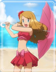 Rule 34 | 1girl, :d, bad proportions, bare arms, beach, blonde hair, blue eyes, cloud, commentary, creatures (company), day, english commentary, eyelashes, framed, game freak, holding, navel, nintendo, noelia ponce, open mouth, outdoors, pink umbrella, pokemon, pokemon (anime), pokemon xy (anime), red skirt, sand, serena (pokemon), shore, skirt, sky, smile, solo, swimsuit, teeth, tongue, umbrella, upper teeth only, water