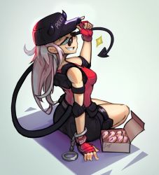 Rule 34 | 1girl, absurdres, artist name, bare shoulders, black hat, black horns, black shorts, blind, blue eyes, breasts, commentary, demon girl, demon horns, demon tail, doughnut, fingerless gloves, food, gloves, grin, hand up, hat, helltaker, highres, horns, justice (helltaker), long hair, looking at viewer, looking back, official alternate costume, police, police hat, police uniform, policewoman, red gloves, red shirt, shirt, shirt tucked in, shorts, sideways mouth, sitting, smile, solo, sshura, sunglasses, tail, uniform, white hair