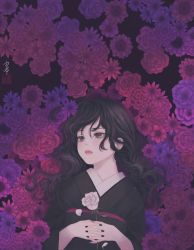 Rule 34 | 1girl, black hair, black kimono, black nails, check commentary, commentary request, floral background, flower, flower bed, from above, hair between eyes, holding, holding flower, interlocked fingers, japanese clothes, kimono, long hair, long sleeves, looking at viewer, lying, nail polish, obi, obiage, on back, original, own hands together, parted lips, pink flower, pink rose, purple background, purple eyes, purple flower, purple rose, rose, sash, seal impression, signature, solo, ushiyama ame