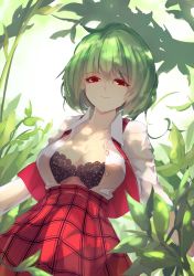 Rule 34 | 1girl, black bra, blouse, bra, breasts, checkered clothes, checkered skirt, chiroru (cheese-roll), cleavage, collarbone, collared shirt, dappled sunlight, day, green hair, highres, kazami yuuka, large breasts, leaf, open clothes, open shirt, outdoors, red eyes, shirt, skirt, sunlight, touhou, underwear, vest, white shirt