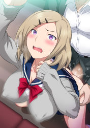 Rule 34 | 1girl, arm up, ass, blonde hair, blue skirt, blush, bow, bowtie, breasts, breath, censored, clothed sex, covered erect nipples, from above, hair ornament, hairclip, highres, jk fuuzoku gakuensai, joy ride, large breasts, legs, looking at viewer, medium hair, mosaic censoring, no panties, open mouth, original, penis, pink eyes, school uniform, sex, skirt, solo focus, standing, thighs, train, train interior, unzipped, vaginal