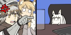 Rule 34 | 3girls, anger vein, angry, animal ear fluff, animal ears, animalization, arknights, armor, blemishine (arknights), blonde hair, closed mouth, commentary, crying, crying with eyes open, cup, dlanon, drinking glass, english commentary, expressionless, fartooth (arknights), fur trim, gauntlets, hair between eyes, helmet, horse ears, horse girl, long hair, meme, multiple girls, open mouth, orange eyes, parody, platinum (arknights), pointing, pointing at another, sitting, tears, teeth, twitter username, upper body