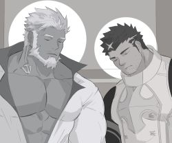 Rule 34 | 2boys, abs, aegir (housamo), anchor earrings, armor, bara, bare pectorals, beard, breastplate, earrings, closed eyes, facial hair, greyscale, hydaus, jewelry, large pectorals, leaning to the side, pectoral cleavage, male focus, monochrome, multicolored hair, multiple boys, muscular, muscular male, open clothes, open shirt, pectorals, short hair, sideburns, single earring, sleeping, spiked hair, streaked hair, stubble, tokyo houkago summoners, upper body, zabaniyya (housamo)