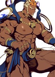 Rule 34 | 1boy, abs, bara, blonde hair, blush, bulge, chillasan, facial hair, from side, gyee, highres, large pectorals, long sideburns, male focus, manly, multicolored hair, muscular, navel, nipples, orange eyes, orange hair, pectorals, pointy ears, raikoh (paradiso guardian), sideburns, smile, solo, thick thighs, thighs, topless male, upper body, veins