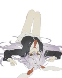 1girl animal_ears black_jacket blazer closed_mouth collared_shirt crescent crescent_pin hashtag-only_commentary jacket legs_up long_hair long_sleeves lying necktie on_back purple_hair rabbit_ears rcs_4 red_eyes red_necktie reisen_udongein_inaba shirt simple_background skirt solo touhou white_background white_shirt white_skirt