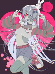 Rule 34 | 1girl, :d, ahoge, belt, blood, blood splatter, blue tongue, bow, colored tongue, crop top, earrings, eyepatch, hair bow, halterneck, heart, heart-shaped pupils, highres, jewelry, long hair, long sleeves, lvetica, medical eyepatch, midriff, mismatched earrings, nail polish, off-shoulder shirt, off shoulder, open mouth, original, patchwork skin, rabbit, red eyes, shirt, shoes, shorts, smile, sneakers, solo, standing, standing on one leg, stitches, striped sleeves, symbol-shaped pupils, very long hair, white hair, zombie