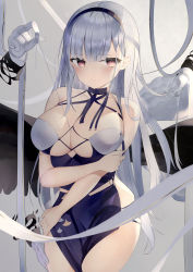 Rule 34 | 1girl, absurdres, azur lane, bare arms, bare shoulders, black choker, black dress, breasts, choker, cleavage, closed mouth, cowboy shot, dido (anxious bisque doll) (azur lane), dido (azur lane), disembodied hand, dress, frown, gloves, hairband, hand on thigh, highres, large breasts, long hair, looking at viewer, pelvic curtain, pink eyes, silver hair, sleeveless, sleeveless dress, solo, standing, thighs, very long hair, white gloves, zukan (db tyoutyo)