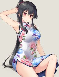 Rule 34 | 1girl, alternate costume, arm behind head, arm up, armpits, black hair, china dress, chinese clothes, dress, floral print, hair ornament, hair scrunchie, ichinomiya (blantte), kantai collection, light blush, long hair, looking at viewer, parted lips, ponytail, print dress, red eyes, scrunchie, side slit, sidelocks, sitting, solo, white dress, yahagi (kancolle)