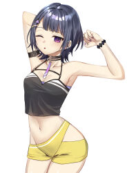 Rule 34 | 1girl, ;o, absurdres, amecha16, arm strap, armpits, arms up, bare arms, bare shoulders, black hair, blunt bangs, blush, breasts, camisole, cleavage, commentary request, cowboy shot, crop top, highres, koshimizu toru, koshimizu toru (1st costume), looking at viewer, medium breasts, midriff, nail polish, navel, nijisanji, one eye closed, parted lips, purple eyes, purple nails, short hair, simple background, solo, spaghetti strap, standing, stomach, thighs, virtual youtuber, white background
