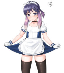 Rule 34 | 1girl, alternate costume, apron, black thighhighs, blouse, cowboy shot, enmaided, frilled apron, frills, gradient hair, highres, kantai collection, looking at viewer, maid, maid headdress, maru (marg0613), multicolored hair, puffy sleeves, purple eyes, purple hair, shirt, short hair, short hair with long locks, sidelocks, simple background, skirt hold, solo, thighhighs, tsushima (kancolle), twitter username, waist apron, white apron, white background, white hair, white shirt