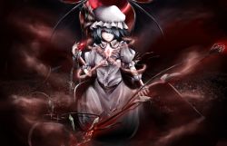Rule 34 | amaseu (be bunny), bat wings, blue hair, bracelet, chain, dark sky, dress, graveyard, highres, holding, holding staff, jewelry, looking at viewer, one eye covered, remilia scarlet, short hair, staff, tombstone, touhou, white dress, wings