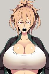 Rule 34 | 1girl, blonde hair, breasts, cleavage, highres, huge breasts, hz (666v), jacket, open clothes, open jacket, open mouth, original, ponytail, red eyes, solo, tank top