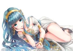Rule 34 | 1girl, anklet, aqua eyes, aqua hair, arm support, armlet, bad id, bad pixiv id, bare legs, black panties, blunt bangs, bracelet, breasts, cleopatra (fate), cleopatra (third ascension) (fate), commentary, curled up, dress, earrings, eyelashes, eyeliner, eyes visible through hair, fate/grand order, fate (series), full body, glint, hairband, hand on own cheek, hand on own face, hane yuki, head rest, hoop earrings, jewelry, large breasts, long hair, looking at viewer, lying, makeup, midriff peek, necklace, on side, open clothes, open dress, panties, panty peek, pantyshot, ring, shoes, simple background, smile, solo, strapless, strapless dress, turquoise (stone), underwear, very long hair, wavy hair, white background, wristband