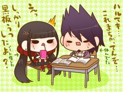 Rule 34 | 1boy, 1girl, ^^^, absurdly long hair, arms on table, black eyes, black footwear, black sailor collar, black skirt, black wristband, blunt bangs, book, boots, bow, bowtie, brown hair, buttons, chibi, coat, coat partially removed, coattails, collared coat, collared jacket, collared shirt, commentary request, danganronpa (series), danganronpa v3: killing harmony, desk, drink, drinking, drinking straw, eyelashes, facial hair, furrowed brow, goatee, green background, grey jacket, hair between eyes, hair ornament, hair scrunchie, hairclip, harukawa maki, holding, holding drink, infinity symbol, jacket, juice box, lapel pin, layered sleeves, light blush, long hair, long sleeves, low twintails, miniskirt, mole, mole under eye, momota kaito, notebook, on chair, open book, open clothes, open jacket, open mouth, pale skin, patterned background, plaid, plaid skirt, pleated skirt, polka dot bowtie, purple coat, purple hair, red scrunchie, red shirt, red thighhighs, sailor collar, school desk, school uniform, scrunchie, serafuku, shadow, shirt, short hair, simple background, sitting, skirt, sleeves past elbows, solid oval eyes, spiked hair, studying, sweat, sweatdrop, thighhighs, translation request, triangle mouth, twintails, v-shaped eyebrows, very long hair, white bow, white bowtie, white shirt, writing, yumaru (marumarumaru)