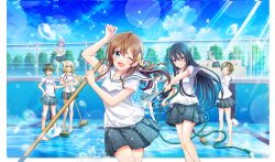 Rule 34 | 6+girls, :d, ;d, ^ ^, arihara tsubasa, asada aoi, black hair, blue eyes, bow, broom, brown hair, cinderella series, cleaning, cleaning brush, clenched teeth, closed eyes, cloud, empty pool, eyewear on head, game cg, grey skirt, grin, hachigatsu no cinderella nine, hair between eyes, hair bow, hase maria, highres, holding, holding broom, holding hose, hose, kawakita tomoe, lens flare, light rays, long hair, multiple girls, nakano ayaka, non-web source, nozaki yuuki, official art, one eye closed, open mouth, outdoors, plaid clothes, plaid skirt, pleated skirt, pool, red eyes, sailor collar, school uniform, serafuku, shinonome ryo, shirt, short sleeves, skirt, smile, solo focus, sparkle, splashing, sunbeam, sunlight, taketomi aya, teeth, v-shaped eyebrows, water, wet, wet clothes, wet shirt, white sailor collar, white shirt, yellow bow