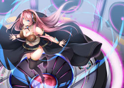 Rule 34 | 1girl, bare shoulders, bit (keikou syrup), black footwear, black skirt, black thighhighs, blue eyes, breasts, brooch, character name, cleavage, closed mouth, collarbone, detached collar, floating hair, from above, full body, headphones, headset, jewelry, large breasts, long hair, long skirt, looking at viewer, looking up, megurine luka, megurine luka (vocaloid4), navel, outstretched arms, pink hair, shoes, skirt, smile, solo, spread arms, standing, standing on one leg, thighhighs, v4x, vocaloid, wrist cuffs