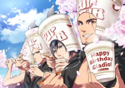 Rule 34 | 4boys, artist name, black hair, black jacket, blonde hair, blue eyes, brown eyes, character name, cherry blossoms, drinking, eating, falling petals, final fantasy, final fantasy xv, fork, gladiolus amicitia, glasses, grin, hair between eyes, happy birthday, hinoe (dd works), holding, holding fork, ignis scientia, jacket, long hair, looking at viewer, male focus, multiple boys, nissin cup noodle, noctis lucis caelum, outdoors, petals, prompto argentum, scar, scar across eye, short hair, smile, teeth, upper body