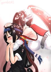 Rule 34 | 10s, 2girls, black hair, blazer, breasts, brown hair, cherry blossoms, detached sleeves, flower, hair flower, hair ornament, hatsushimo (kancolle), headband, headgear, jacket, kantai collection, large breasts, long hair, low-tied long hair, mrdotd, multiple girls, pleated skirt, ponytail, red eyes, remodel (kantai collection), school uniform, skirt, very long hair, yamato (kancolle)
