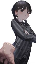 Rule 34 | 1girl, 1other, addams family, animification, artist name, bad id, bad twitter id, black eyes, black hair, black nails, black necktie, black skirt, blurry, blurry foreground, blush, braid, buttons, closed mouth, collared shirt, crossed arms, fingernails, grey jacket, highres, jacket, long fingernails, long hair, long sleeves, looking at another, looking down, nail polish, necktie, nevermore academy school uniform, parted bangs, pleated skirt, pocket, ryota (ry o ta), school uniform, shirt, simple background, skirt, standing, striped clothes, striped jacket, sweat, sweatdrop, table, thing (addams family), twin braids, wednesday (netflix), wednesday addams, white background, white shirt
