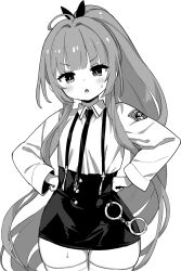 Rule 34 | 1girl, azur lane, azur lane: slow ahead, black bow, black skirt, bow, collared shirt, cuffs, greyscale, hair bow, hands on own hips, high ponytail, hori (hori no su), long hair, long sleeves, looking at viewer, monochrome, official art, pencil skirt, shirt, simple background, skirt, solo, suspender skirt, suspenders, tashkent (azur lane), tashkent (the bound cruiser) (azur lane), thighhighs, upper body, very long hair, white background, white shirt, white thighhighs, zettai ryouiki