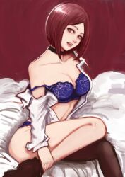Rule 34 | 1girl, absurdres, bed sheet, black thighhighs, bra, breasts, brown eyes, brown hair, choker, cleavage, highres, lace trim, lingerie, looking at viewer, medium breasts, navel, open clothes, open shirt, purple bra, reavernk, short hair, single thighhigh, snk, solo, the king of fighters, thighhighs, underwear, whip (kof)