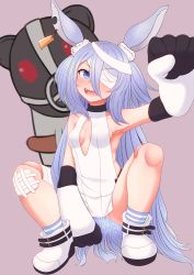 Rule 34 | 1girl, absurdres, animal ears, arm up, armpits, ass, bandage over one eye, bandaged leg, bandages, blue eyes, blush, boots, breasts, cameltoe, clenched hand, commentary request, doll joints, ear tag, elbow gloves, gloves, gussan (sexpendables), highres, huge filesize, joints, little witch nobeta, long hair, monica (little witch nobeta), open mouth, pink background, rabbit ears, sharp teeth, silver hair, simple background, small breasts, socks, spread legs, squatting, striped clothes, striped footwear, stuffed animal, stuffed toy, tabard, teddy bear, teeth, thighs, two side up, very long hair, white footwear, white gloves, white tabard
