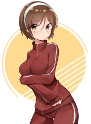 Rule 34 | 1girl, absurdres, bad id, bad twitter id, blush, breasts, brown eyes, brown hair, closed mouth, dot nose, hairband, highres, jacket, kantai collection, katsuobushi (eba games), long sleeves, medium breasts, natori (kancolle), red track suit, short hair, simple background, solo, track jacket, track suit, turtleneck, white hairband, zipper