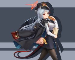 Rule 34 | 1girl, bag, black pantyhose, blue archive, blurry, blurry background, breasts, demon tail, demon wings, food, halo, haruna (blue archive), hat, jacket, medium breasts, military hat, necktie, pantyhose, paper bag, randle, red eyes, smile, solo, tail, taiyaki, uniform, wagashi, window, wings