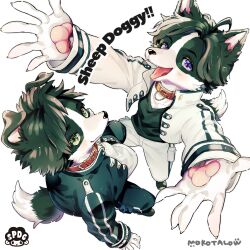 Rule 34 | 2boys, ahoge, animal collar, animal ears, animal hands, arms up, artist logo, artist name, bishounen, black footwear, black fur, black hair, black jacket, black pants, black shirt, body fur, claws, closed mouth, collar, cropped jacket, dog boy, dog ears, dog tail, english text, full body, furry, furry male, green eyes, high collar, highres, jacket, light blush, long sleeves, looking at viewer, mokotalow11, multiple boys, open clothes, open jacket, open mouth, original, pants, perspective, purple eyes, reaching, reaching towards viewer, red collar, shirt, short hair, siblings, simple background, standing, tail, tongue, tongue out, twins, white background, white fur, white jacket, white pants, white shirt