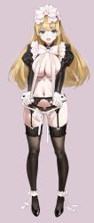 Rule 34 | 1girl, black panties, black thighhighs, blonde hair, blush, bow, breasts, commentary request, full body, garter belt, gloves, green eyes, hair bow, high heels, highres, large breasts, long hair, long sleeves, looking at viewer, navel, open mouth, original, panties, shrug (clothing), solo, thighhighs, underwear, white bow, white gloves, yd (orange maru)