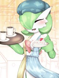 Rule 34 | 1girl, ^ ^, bare shoulders, blue dress, blue headwear, blush, bob cut, breasts, cabbie hat, cafe, cake, cake slice, closed eyes, clothed pokemon, coffee, colored skin, covered erect nipples, cream, creatures (company), cup, dress, drink, female focus, food, fruit, game freak, gardevoir, gardevoir (cafe), gen 3 pokemon, gradient background, green hair, green skin, hair over one eye, hands up, happy, hat, highres, holding, holding drink, holding food, holding plate, holding tray, indoors, medium breasts, multicolored skin, nintendo, no bra, one eye covered, open mouth, orange background, people, plate, pokemon, pokemon (creature), pokemon unite, saucer, short hair, sleeveless, sleeveless dress, smile, solo focus, standing, strawberry, tahita, textless version, tray, two-tone dress, two-tone skin, upper body, waitress, white skin, yellow dress