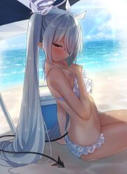Rule 34 | 1girl, absurdres, alternate costume, arm support, backlighting, beach, bikini, blue archive, blush, bow, breasts, closed mouth, collarbone, commentary, cowboy shot, demon tail, frilled bikini, frills, from side, grey hair, hair between eyes, hair bow, halo, halterneck, hand up, highres, iori (blue archive), jitome, long hair, looking at viewer, ocean, pointy ears, ponpon nun, profile, purple halo, red eyes, shy, sitting, small breasts, solo, sparkle, straight hair, swimsuit, tail, twintails, very long hair, white bikini, white bow