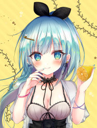 Rule 34 | 1girl, absurdres, black ribbon, blue eyes, blue hair, blue nails, blush, breasts, cleavage, closed mouth, collarbone, commentary request, food, fruit, hair ornament, hair ribbon, hairclip, highres, holding, holding food, kiyui (honey citron), lemon, long hair, looking at viewer, medium breasts, multicolored hair, nail polish, open clothes, open shirt, original, puffy short sleeves, puffy sleeves, purple hair, ribbon, see-through, see-through sleeves, short sleeves, smile, solo, two-tone hair, upper body, yellow background