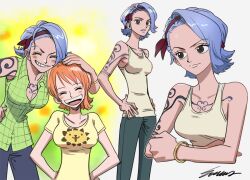Rule 34 | ^ ^, blue hair, bracelet, chest tattoo, closed eyes, denim, green shirt, grin, hair ribbon, hand on another&#039;s head, hand on own hip, hands on own hips, happy, jeans, jewelry, lion print, multiple views, nami (one piece), nojiko, one piece, orange hair, pants, parted lips, ribbon, shirt, short hair, short sleeves, shoulder tattoo, siblings, signature, simple background, sisters, smile, souma (soumadian), tank top, tattoo