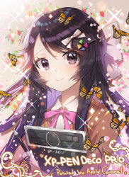 Rule 34 | 1girl, apple caramel, artist name, black eyes, black hair, bow, brown shirt, bug, butterfly, hair bow, hair ornament, hairclip, highres, bug, long hair, looking at viewer, monarch butterfly, original, shirt, simple background, sparkle, stylus, white bow