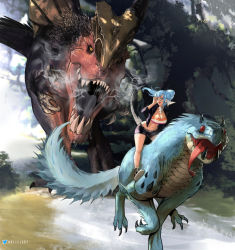 Rule 34 | 1girl, adjusting eyewear, ahoge, anjanath, au ra, bare legs, black-framed eyewear, black footwear, black horns, black jacket, black shorts, blue eyes, blue hair, breasts, breath, bush, chasing, claws, cleavage, crossover, dappled sunlight, day, dinosaur, dragon, dragon girl, dragon horns, dragon tail, fictional persona, final fantasy, final fantasy xiv, fleeing, floating hair, full body, glasses, green eyes, hand on eyewear, high ponytail, highres, horns, jacket, leaf, light blue hair, long hair, looking at another, looking back, midriff, monster, monster hunter (series), navel, open clothes, open jacket, open mouth, outdoors, ponytail, red eyes, riding, running, saliva, saliva trail, scales, sharp teeth, shoes, short shorts, shorts, size difference, slit pupils, smile, stomach, strapless, striped clothes, sunlight, tail, teeth, tobi-kadachi, tongue, tongue out, tube top, twitter logo, twitter username, uliel, upper teeth only, venus symbol, warrior of light (ff14), watermark, wyvern, yellow eyes