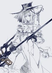 Rule 34 | 1girl, a9712mob, alternate costume, arknights, bare shoulders, black gloves, cropped legs, dress, frilled dress, frills, gladiia (arknights), gloves, hair over one eye, hat, highres, holding, holding polearm, holding weapon, long sleeves, off-shoulder dress, off shoulder, one eye covered, pointy ears, polearm, red eyes, simple background, solo, weapon, white background
