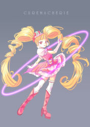 Rule 34 | 1girl, aisaki emiru, blonde hair, boots, character name, cure macherie, dancing, dress, earrings, eyelashes, grey background, hair ornament, happy, high heel boots, high heels, hugtto! precure, jewelry, jj (ssspulse), long hair, looking at viewer, magical girl, pink dress, pink eyes, pink footwear, pom pom (clothes), pom pom earrings, precure, simple background, smile, solo, standing, thighhighs, thighs, twintails, very long hair