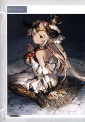 Rule 34 | 10s, 1girl, absurdres, aliza (granblue fantasy), animal ears, bare shoulders, breasts, detached sleeves, draph, dress, earrings, frilled dress, frills, full body, granblue fantasy, hair ornament, highres, horns, jewelry, large breasts, long dress, looking at viewer, looking back, minaba hideo, non-web source, official art, pointy ears, red eyes, scan, sitting, solo, white hair
