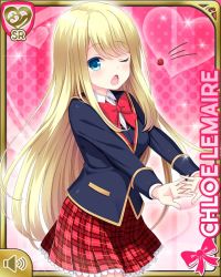 Rule 34 | 1girl, blonde hair, blue eyes, blue jacket, bow, card, character name, chloe lemaire, closed eye, girlfriend (kari), jacket, long hair, official art, open mouth, pink background, plaid, plaid skirt, qp:flapper, red bow, red neckwear, red skirt, school uniform, shirt, skirt, solo, tagme, white shirt, yawning