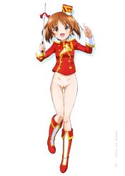 Rule 34 | 10s, 1girl, :d, absurdres, boots, brown eyes, brown hair, copyright name, floating hair, full body, girls und panzer, hat, highres, holding, jacket, knee boots, leg up, looking up, miniskirt, nishizumi miho, nude filter, open mouth, page number, pleated skirt, pussy, red footwear, red jacket, red skirt, short hair, simple background, skirt, smile, solo, standing, standing on one leg, third-party edit, uncensored, white background, yoshida nobuyoshi