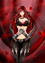 Rule 34 | 1girl, blush, breasts, cleavage, green eyes, highres, huge breasts, katarina (league of legends), knife, large breasts, league of legends, leather, leather pants, long hair, midriff, pants, red hair, scar, solo, torahime (roland00), weapon