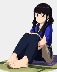 Rule 34 | 1girl, absurdres, barefoot, black hair, blue kimono, closed mouth, commentary, commentary request, feet, highres, inoue takina, japanese clothes, kimono, long hair, looking at viewer, lycoris recoil, purple eyes, redrawn, resolution mismatch, simple background, sitting, solo, source larger, tatami, tbear, toenails, toes, white background